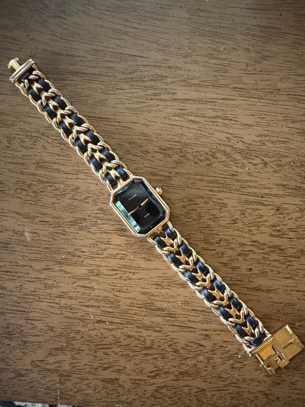 CHANEL Gold-Tone Chain Link Watch with Black Dial